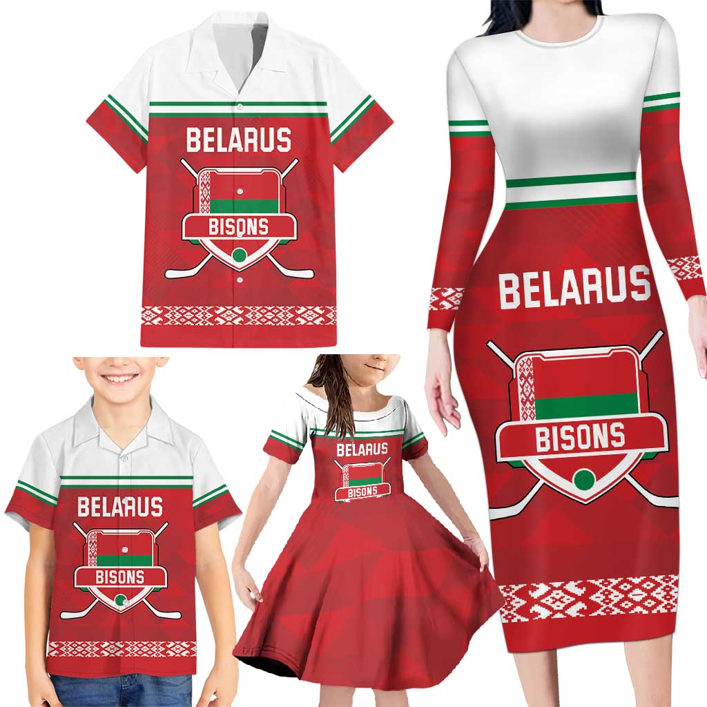 Custom Belarus Ice Hockey Family Matching Long Sleeve Bodycon Dress and Hawaiian Shirt 2025 Go Bisons Red Version