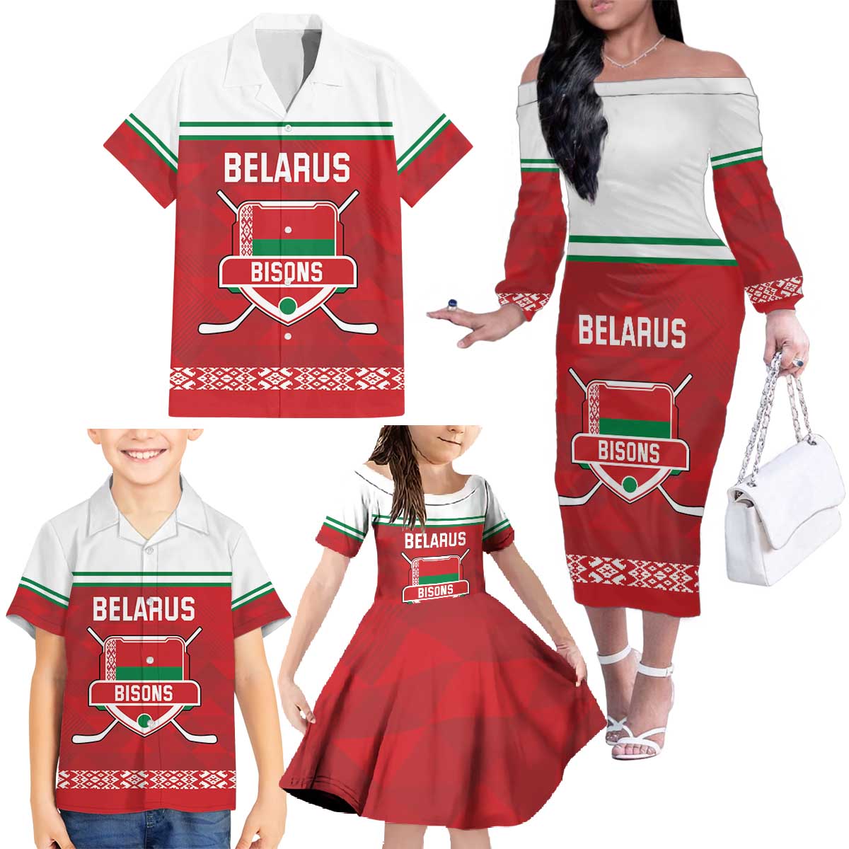 Custom Belarus Ice Hockey Family Matching Off The Shoulder Long Sleeve Dress and Hawaiian Shirt 2025 Go Bisons Red Version