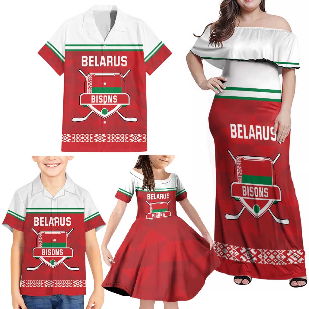 Custom Belarus Ice Hockey Family Matching Off Shoulder Maxi Dress and Hawaiian Shirt 2025 Go Bisons Red Version