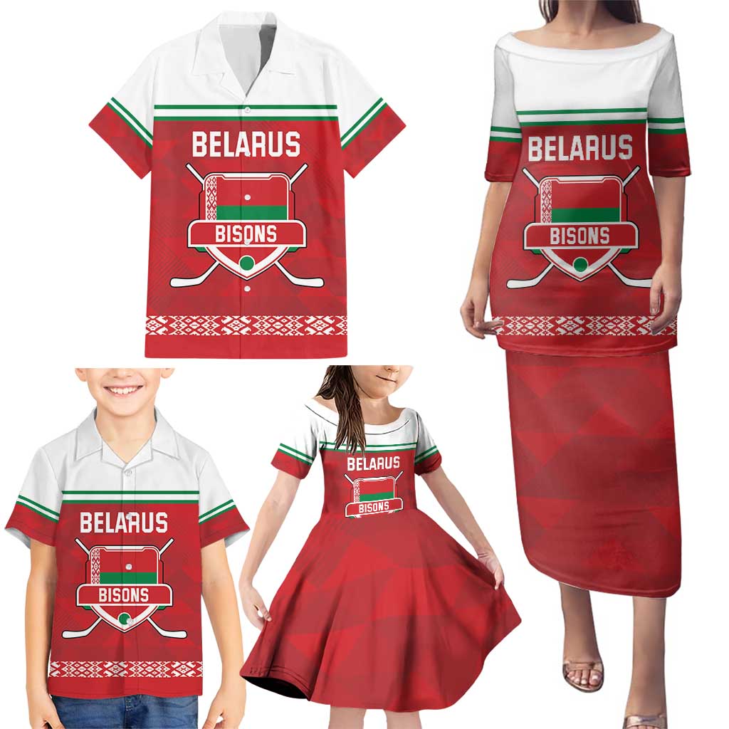 Custom Belarus Ice Hockey Family Matching Puletasi and Hawaiian Shirt 2025 Go Bisons Red Version