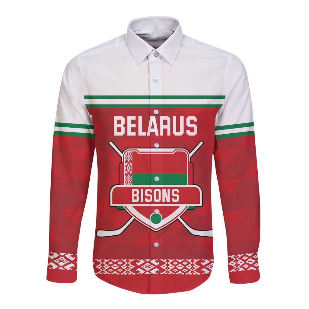 Custom Belarus Ice Hockey Long Sleeve Button Shirt 2025 Go Bisons Red Version