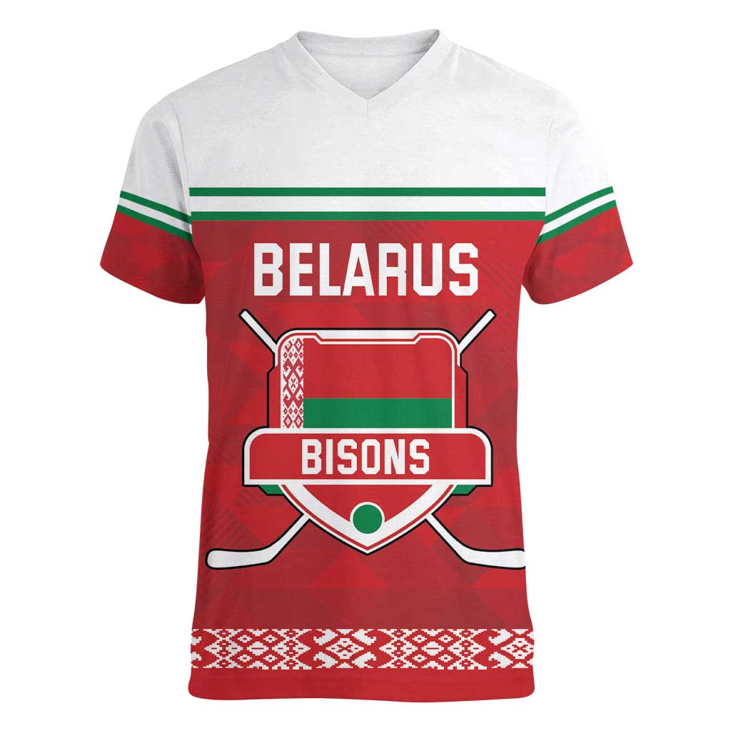 Custom Belarus Ice Hockey Women V-Neck T-Shirt 2025 Go Bisons Red Version