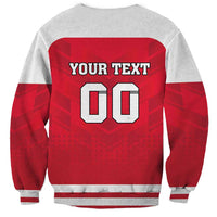 Unisex hockey sweatshirt in red and gray with YOUR TEXT and number 00 back
