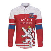 Red long-sleeve button hockey shirt with Czech Republic lion graphic and blue stripe