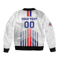 White zip bomber jacket with black rib trim, back print 'YOUR TEXT 00' and Faroes flag