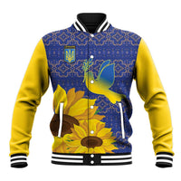 Unisex baseball jacket with blue folk pattern, yellow sleeves, dove and sunflower front