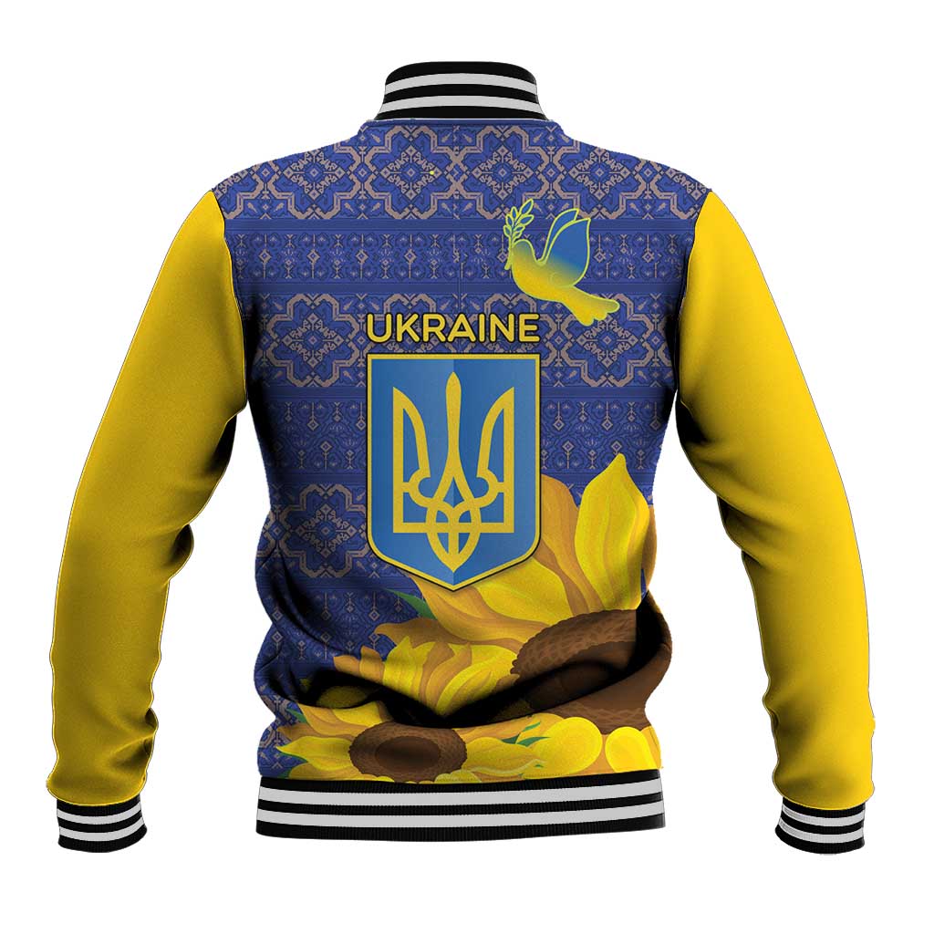 Unisex baseball jacket back view, blue folk print with Ukraine emblem, dove and sunflowers