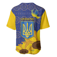 Blue and yellow baseball jersey with folk pattern, Ukraine crest, dove and sunflowers