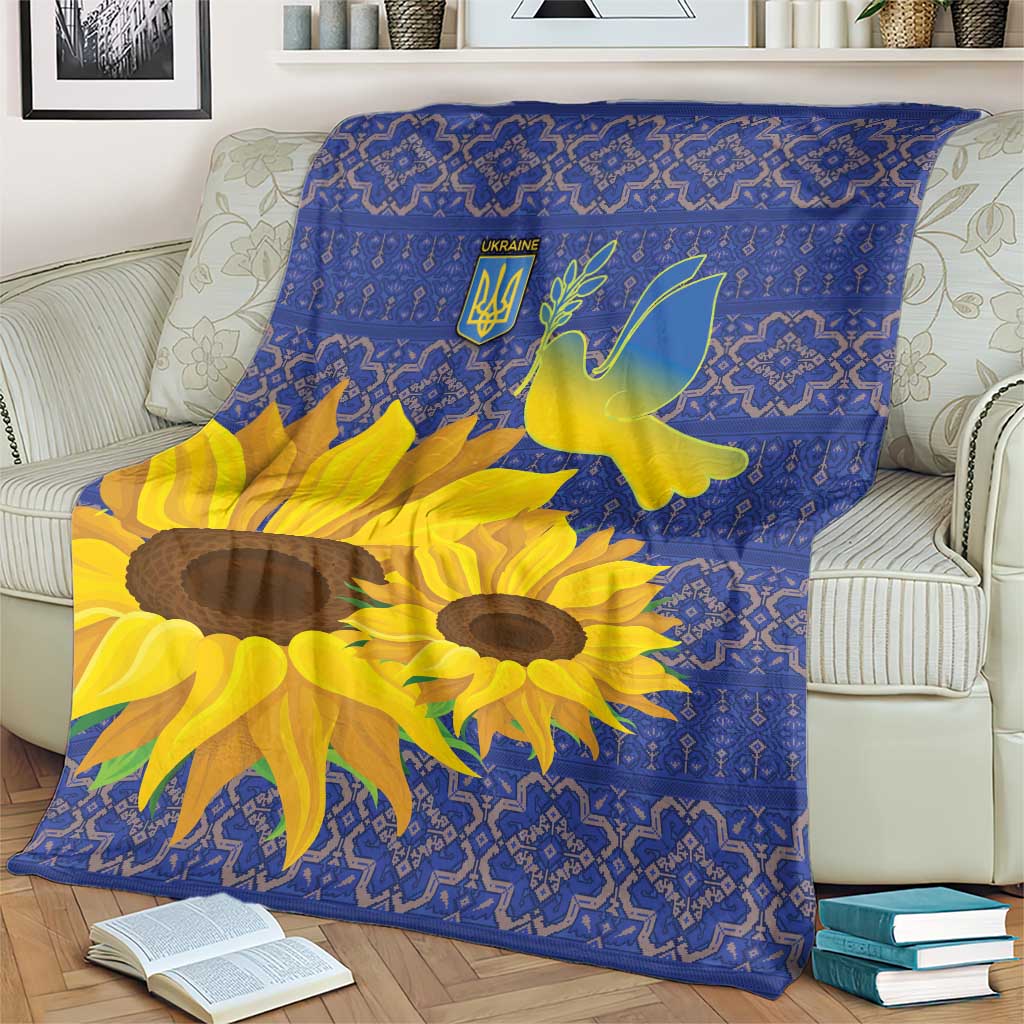 Blue sunflower blanket with peace dove and ornate geometric frame