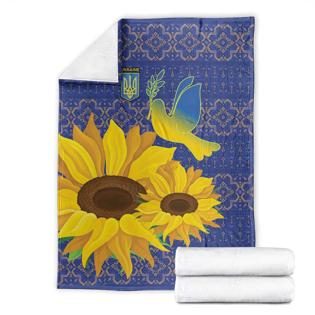 Blue sunflower peace dove blanket with folk geometric panel design