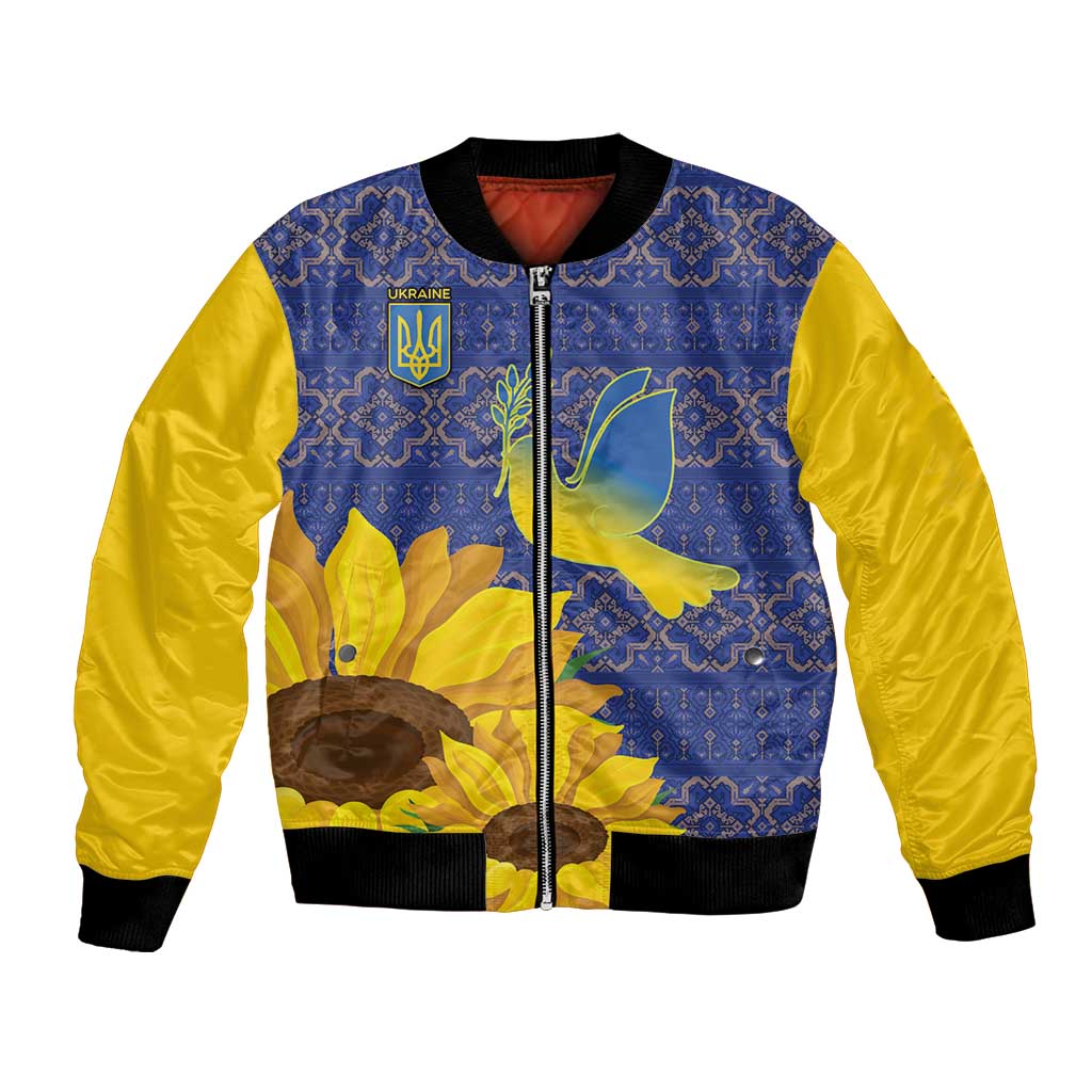 Blue and yellow bomber jacket with folk patterns, sunflower graphic, front zip