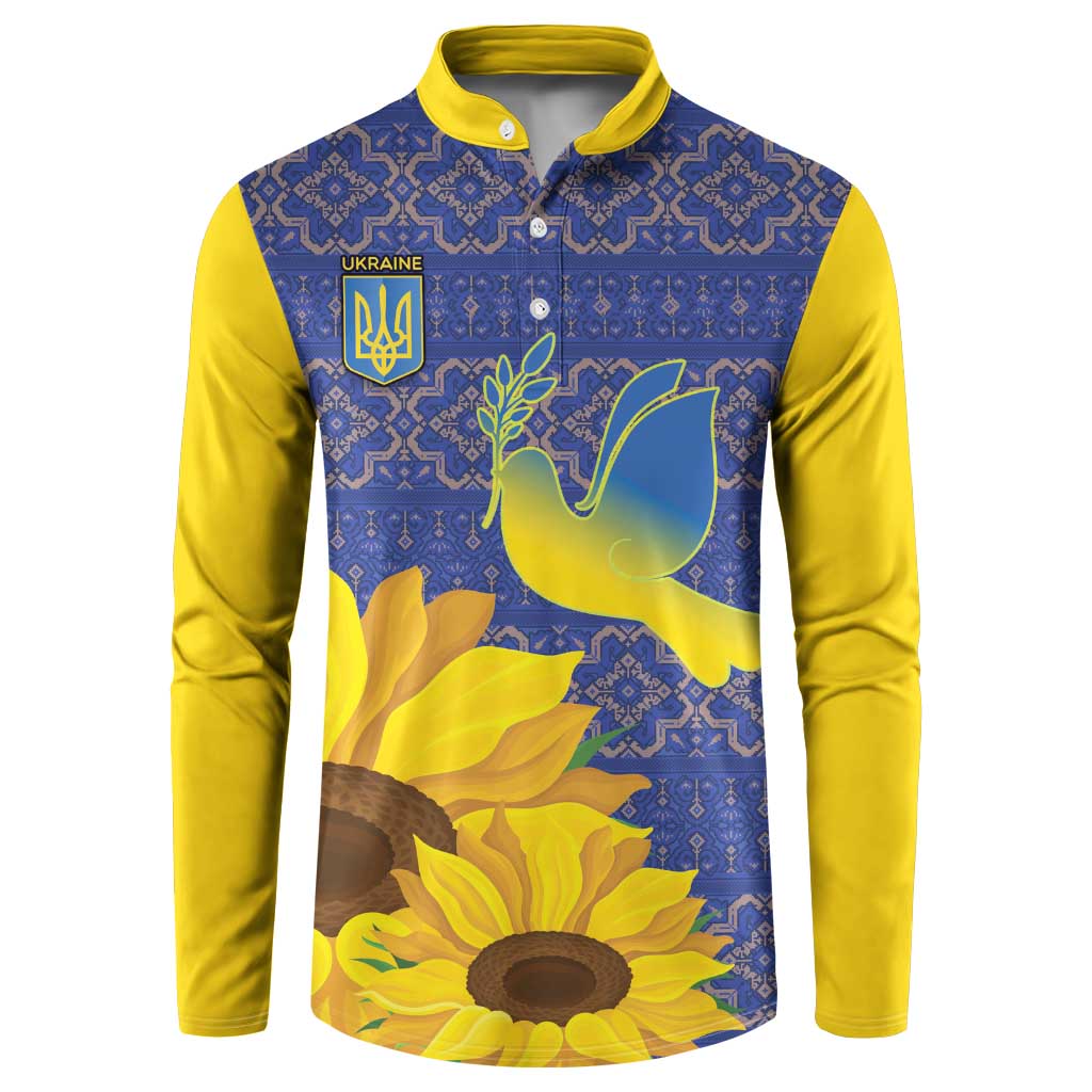 Blue and yellow folk-patterned button sweatshirt with sunflower print and dove graphic