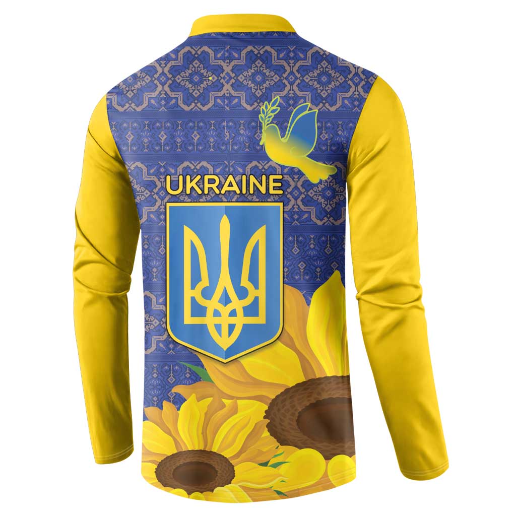 Blue and yellow button sweatshirt with Ukraine crest, dove, and sunflower print on back