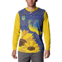 Blue and yellow long-sleeve button sweatshirt with Ukraine crest, dove, and sunflowers