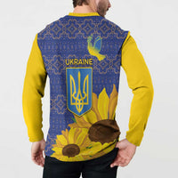 Blue and yellow long-sleeve button sweatshirt with Ukraine crest, sunflowers, and dove back print