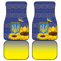 Blue car floor mat set with Ukraine trident and sunflower, folk pattern, plus yellow backs