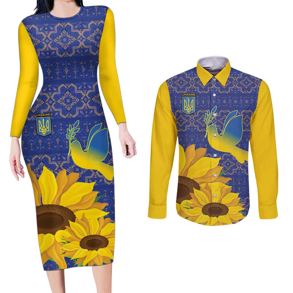 Ukraine Peace Dove Couples Matching Long Sleeve Bodycon Dress and Long Sleeve Button Shirt Ukraine Sunflower With Folk Patterns - Wonder Print Shop