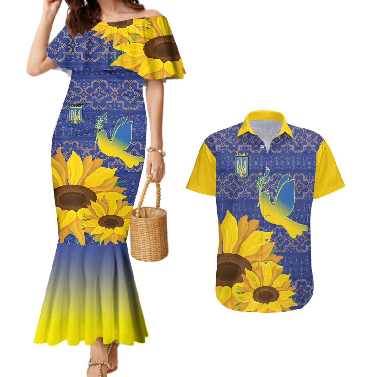 Ukraine Peace Dove Couples Matching Mermaid Dress and Hawaiian Shirt Ukraine Sunflower With Folk Patterns - Wonder Print Shop