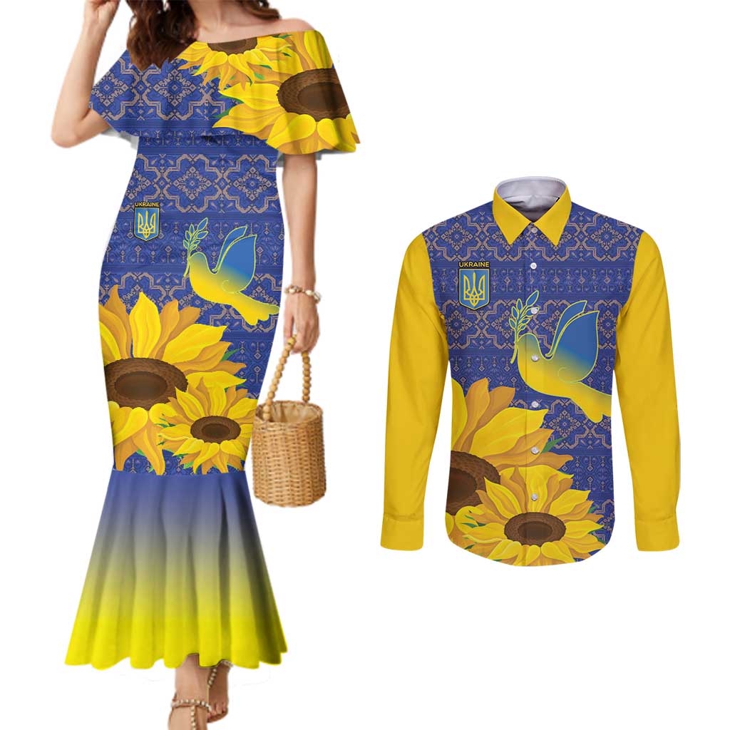 Ukraine Peace Dove Couples Matching Mermaid Dress and Long Sleeve Button Shirt Ukraine Sunflower With Folk Patterns