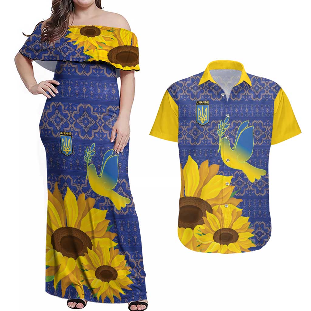 Ukraine Peace Dove Couples Matching Off Shoulder Maxi Dress and Hawaiian Shirt Ukraine Sunflower With Folk Patterns - Wonder Print Shop