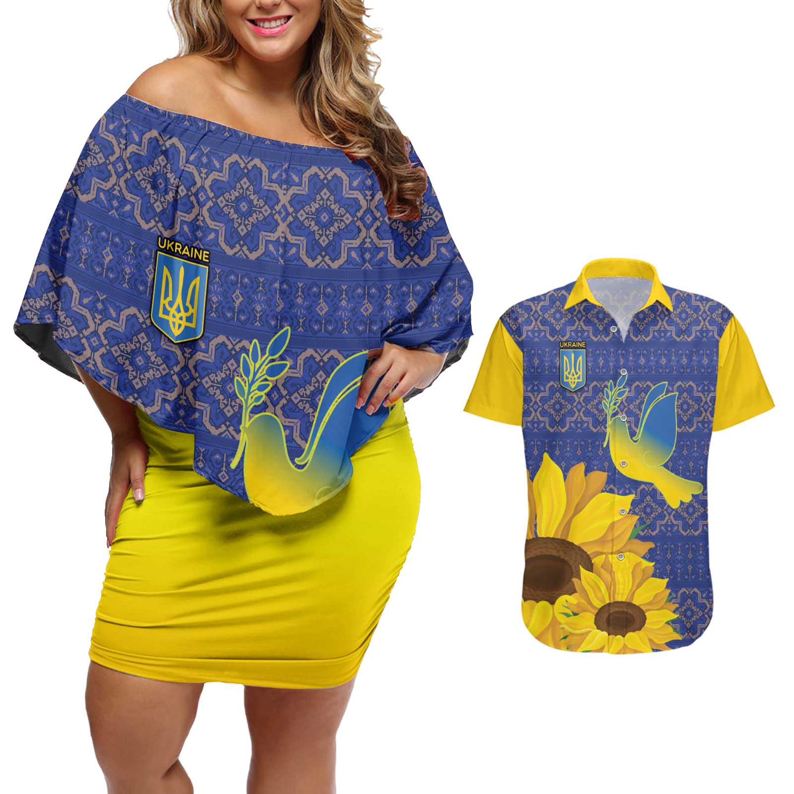 Ukraine Peace Dove Couples Matching Off Shoulder Short Dress and Hawaiian Shirt Ukraine Sunflower With Folk Patterns - Wonder Print Shop