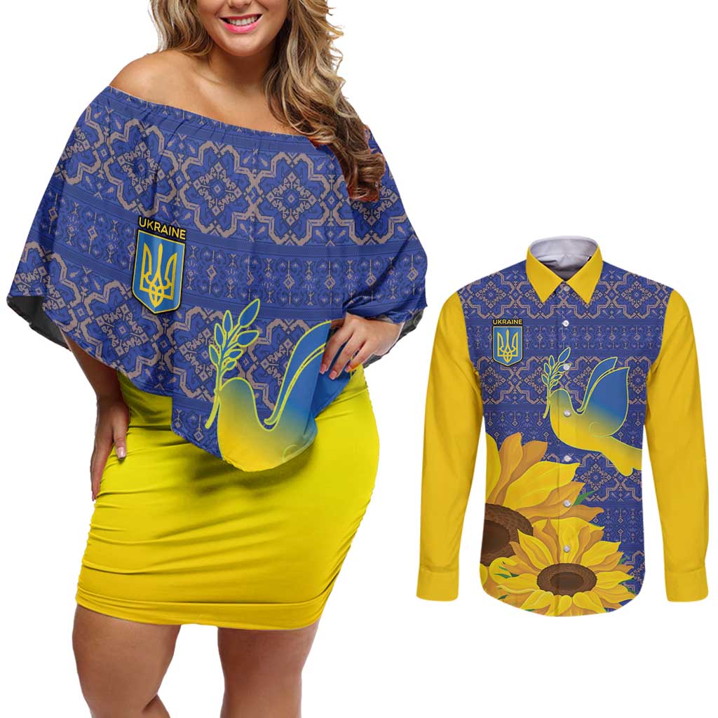 Ukraine Peace Dove Couples Matching Off Shoulder Short Dress and Long Sleeve Button Shirt Ukraine Sunflower With Folk Patterns - Wonder Print Shop