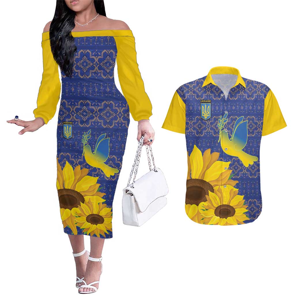 Ukraine Peace Dove Couples Matching Off The Shoulder Long Sleeve Dress and Hawaiian Shirt Ukraine Sunflower With Folk Patterns - Wonder Print Shop