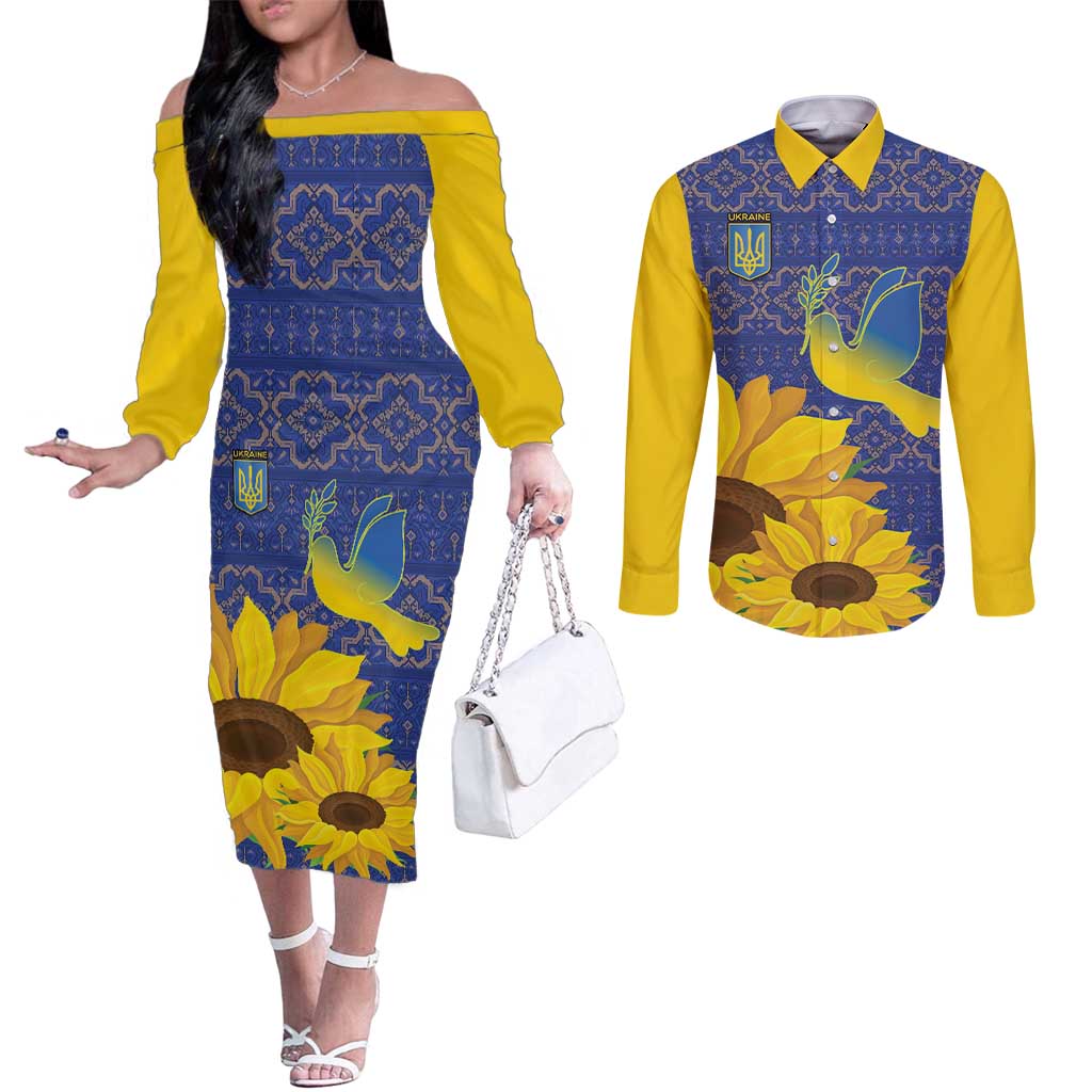 Ukraine Peace Dove Couples Matching Off The Shoulder Long Sleeve Dress and Long Sleeve Button Shirt Ukraine Sunflower With Folk Patterns