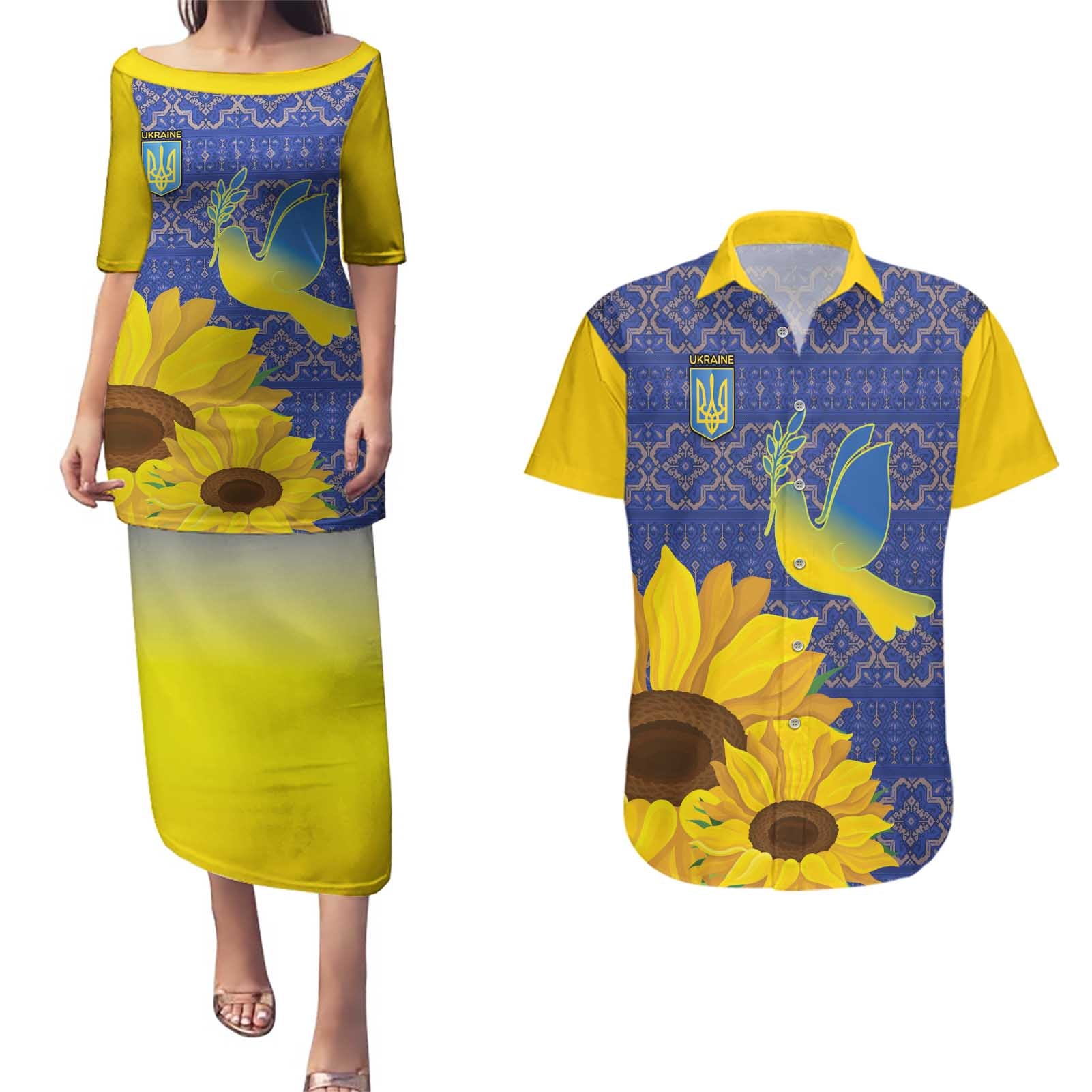 Ukraine Peace Dove Couples Matching Puletasi and Hawaiian Shirt Ukraine Sunflower With Folk Patterns - Wonder Print Shop