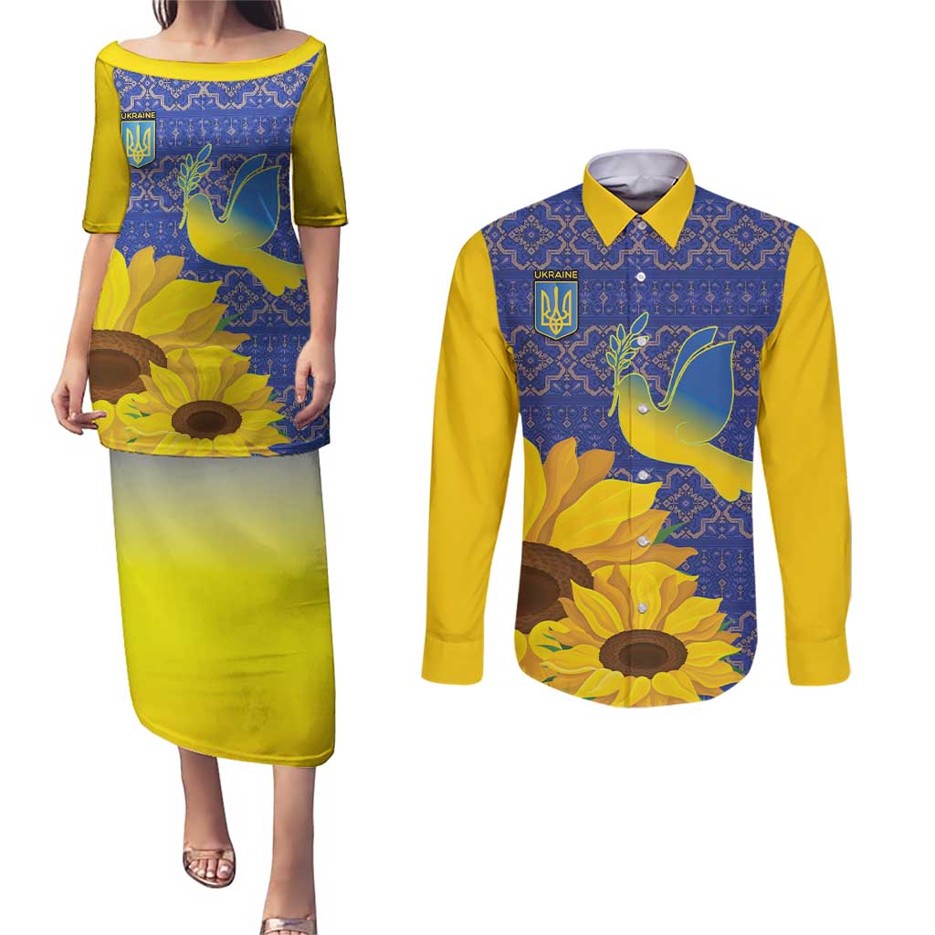 Ukraine Peace Dove Couples Matching Puletasi and Long Sleeve Button Shirt Ukraine Sunflower With Folk Patterns - Wonder Print Shop