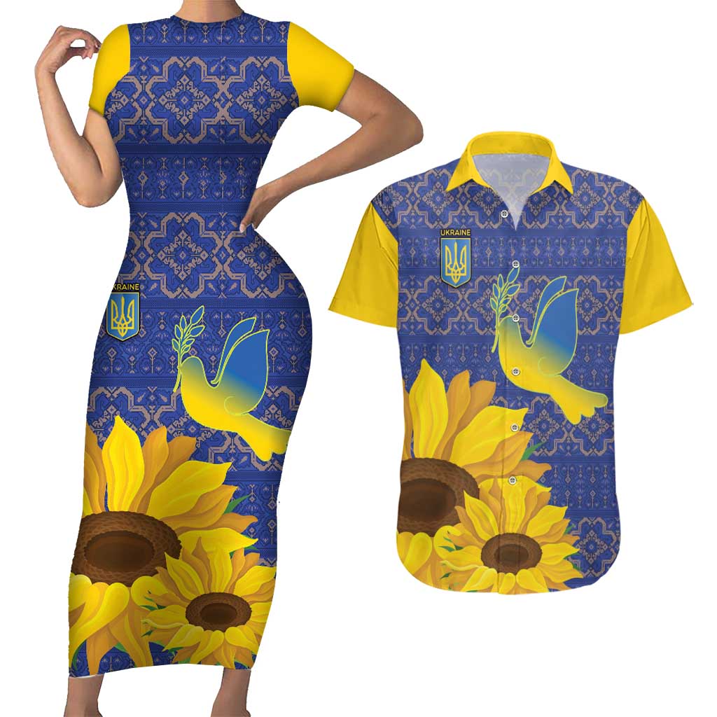 Ukraine Peace Dove Couples Matching Short Sleeve Bodycon Dress and Hawaiian Shirt Ukraine Sunflower With Folk Patterns - Wonder Print Shop