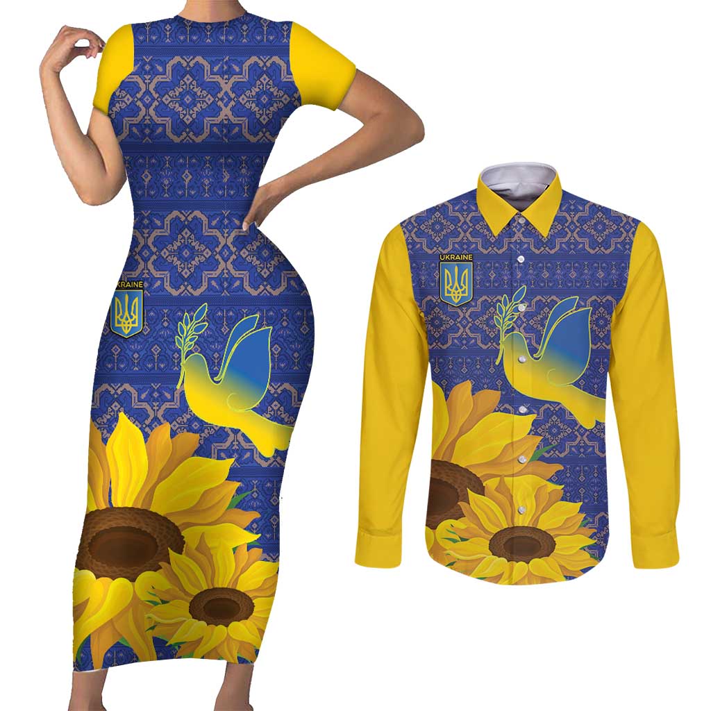 Ukraine Peace Dove Couples Matching Short Sleeve Bodycon Dress and Long Sleeve Button Shirt Ukraine Sunflower With Folk Patterns - Wonder Print Shop