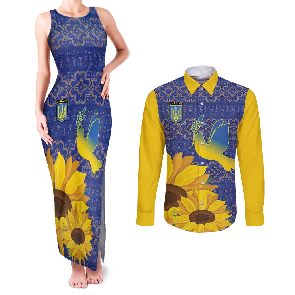 Ukraine Peace Dove Couples Matching Tank Maxi Dress and Long Sleeve Button Shirt Ukraine Sunflower With Folk Patterns - Wonder Print Shop