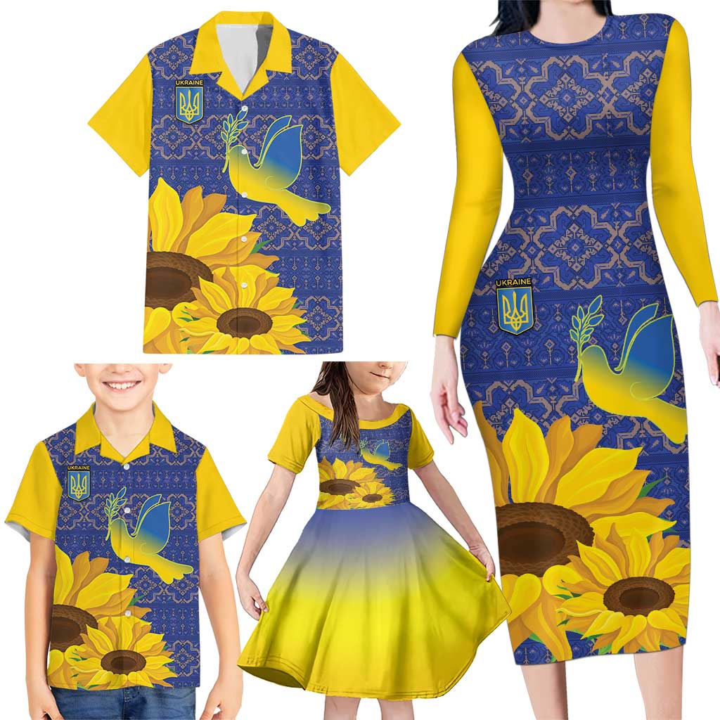 Ukraine Peace Dove Family Matching Long Sleeve Bodycon Dress and Hawaiian Shirt Ukraine Sunflower With Folk Patterns - Wonder Print Shop