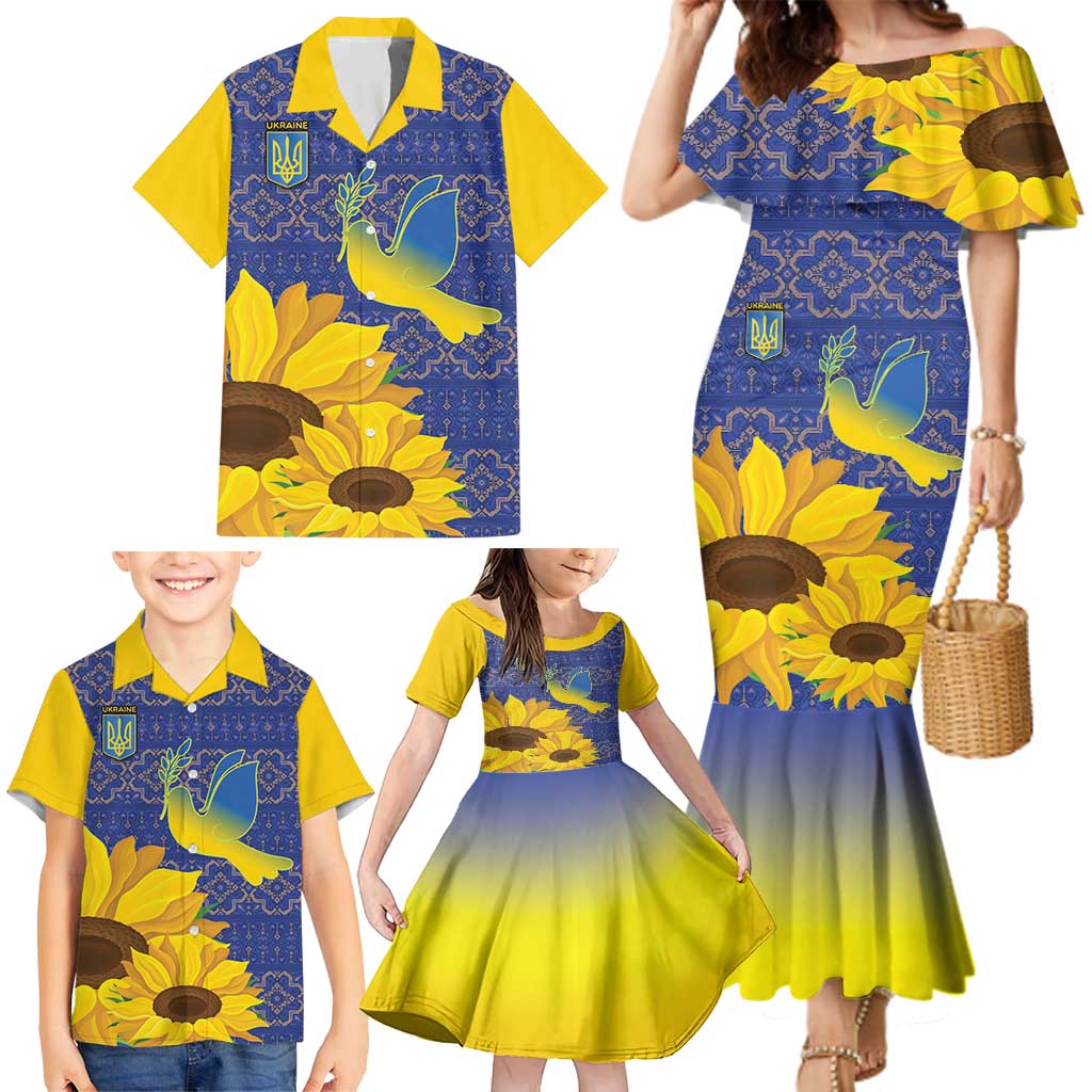 Ukraine Peace Dove Family Matching Mermaid Dress and Hawaiian Shirt Ukraine Sunflower With Folk Patterns - Wonder Print Shop