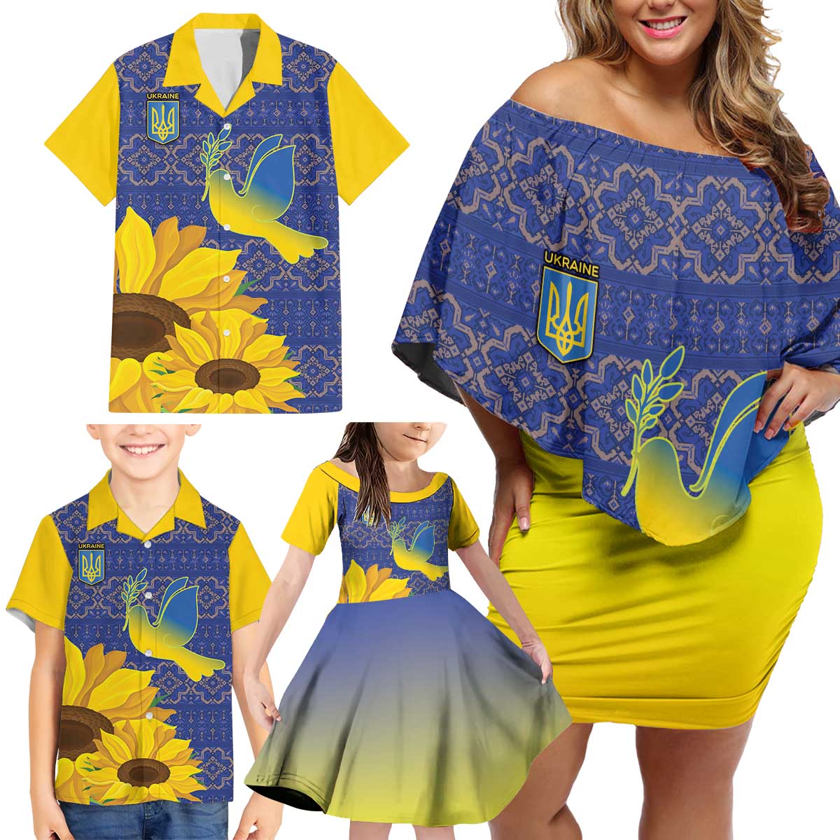 Ukraine Peace Dove Family Matching Off Shoulder Short Dress and Hawaiian Shirt Ukraine Sunflower With Folk Patterns - Wonder Print Shop