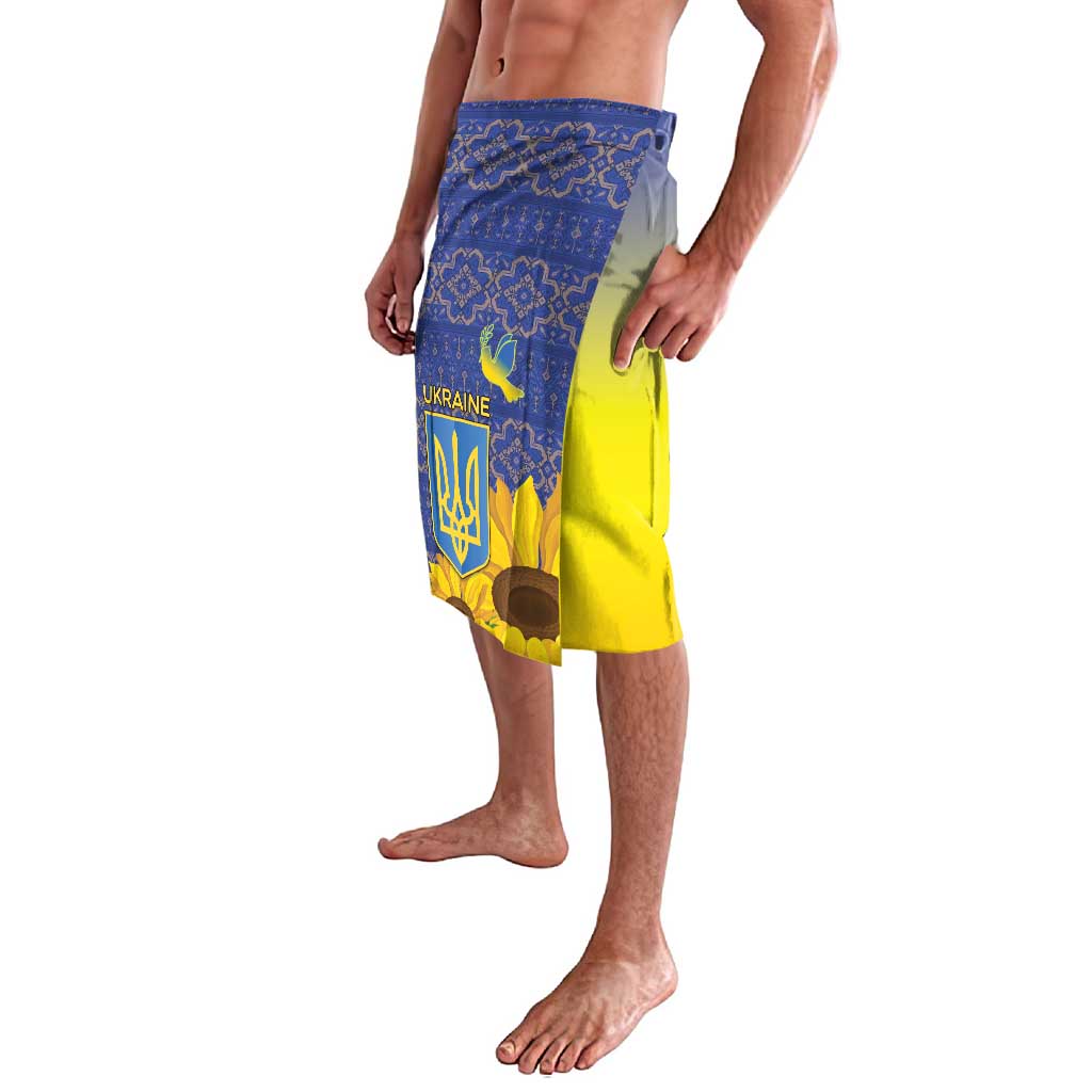 Blue and yellow sunflower lavalava sarong with trident and folk border pattern