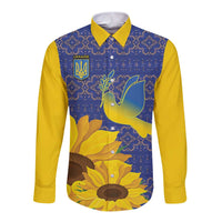 Long-sleeve button shirt in blue folk pattern with yellow sunflowers and dove print