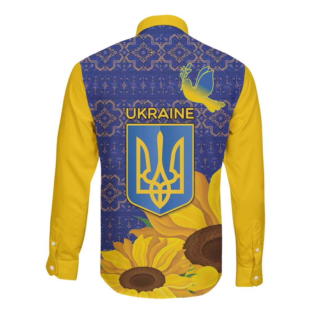 Long-sleeve button shirt with blue folk back design, 'UKRAINE' crest, yellow sunflowers
