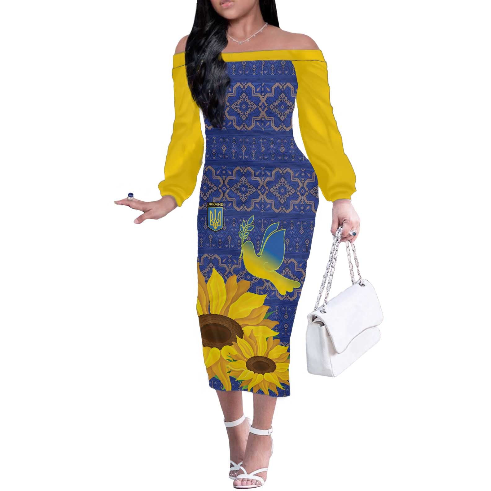 Ukraine Peace Dove Off The Shoulder Long Sleeve Dress Ukraine Sunflower With Folk Patterns - Wonder Print Shop