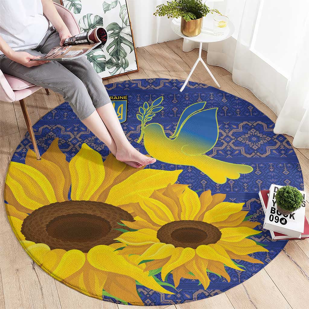 Blue round rug with sunflower print and green-and-yellow dove on folk pattern