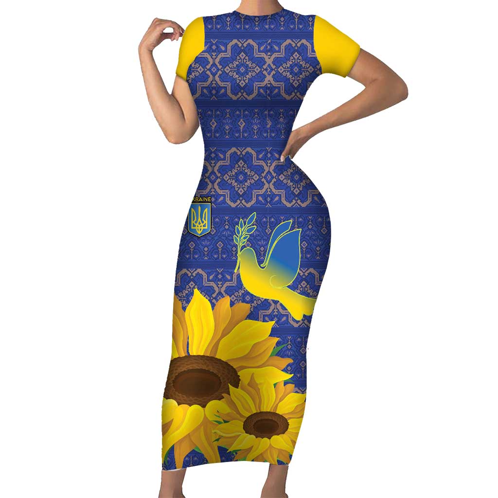 Ukraine Peace Dove Short Sleeve Bodycon Dress Ukraine Sunflower With Folk Patterns - Wonder Print Shop