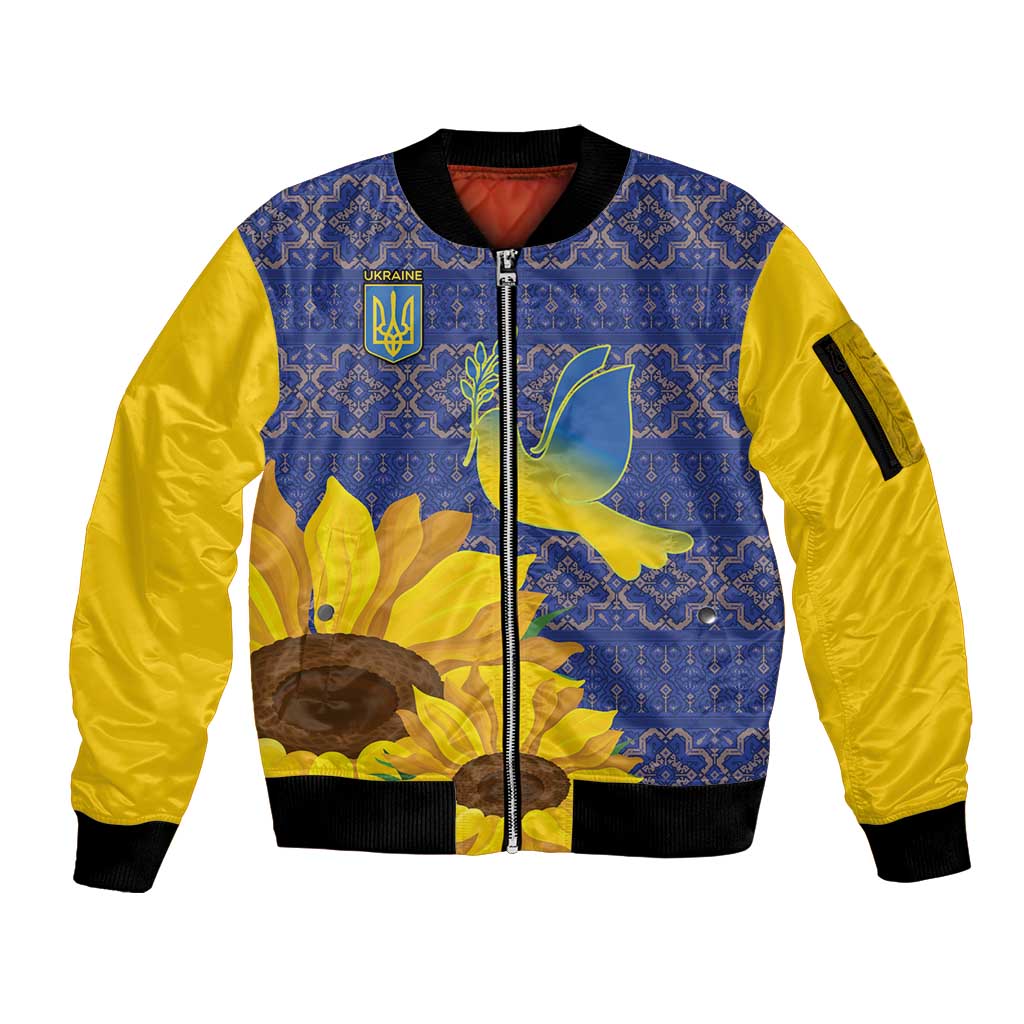 Ukraine Peace Dove Sleeve Zip Bomber Jacket Ukraine Sunflower With Folk Patterns - Wonder Print Shop