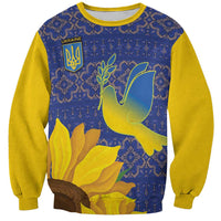 Unisex blue sweatshirt with yellow crew neck, dove and sunflowers on folk pattern