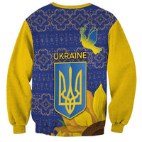 Unisex blue sweatshirt with yellow crew neck, Ukraine shield, dove and sunflowers pattern