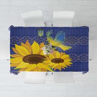 Blue folk-pattern tablecloth with yellow sunflowers and dove motif