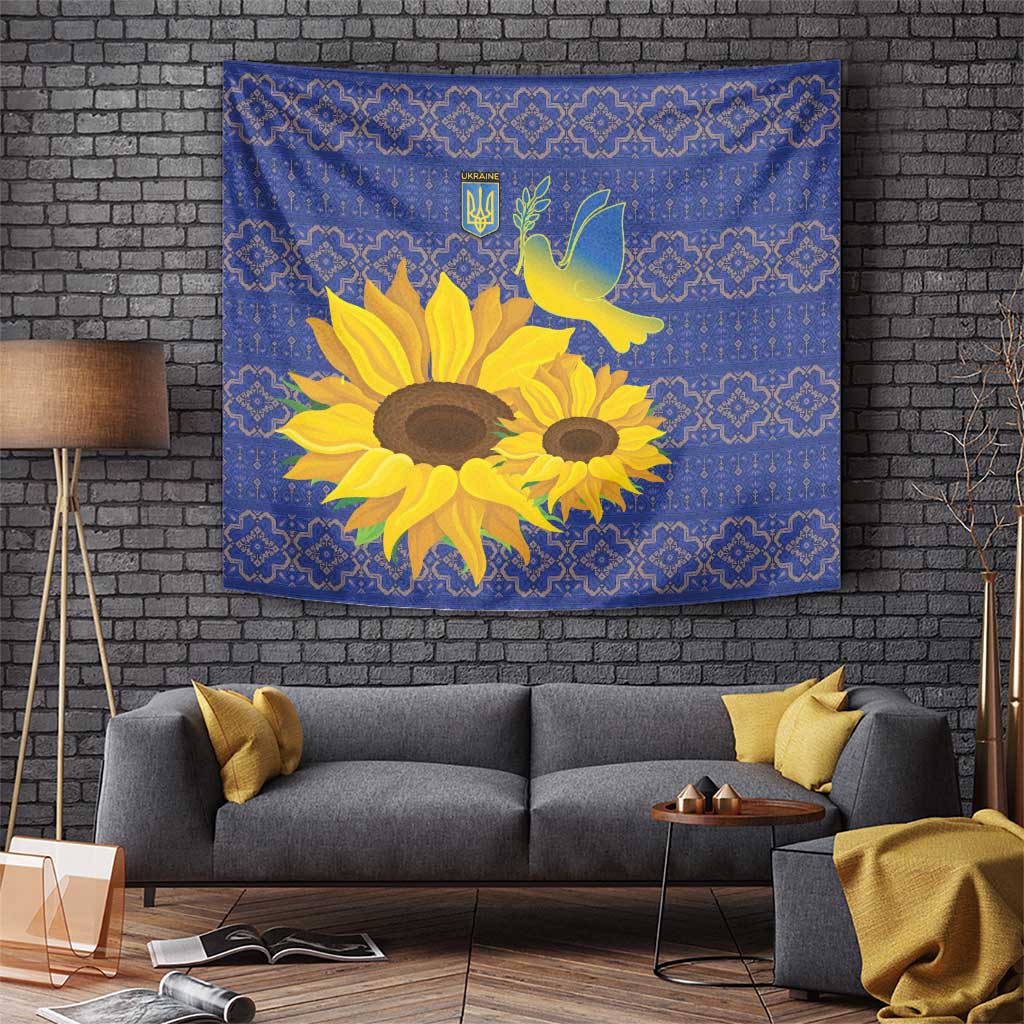Blue sunflower and peace dove tapestry with folk pattern border