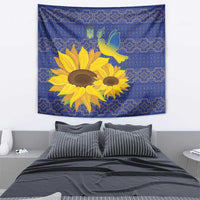 Blue folk-pattern tapestry with dove emblem and yellow sunflowers