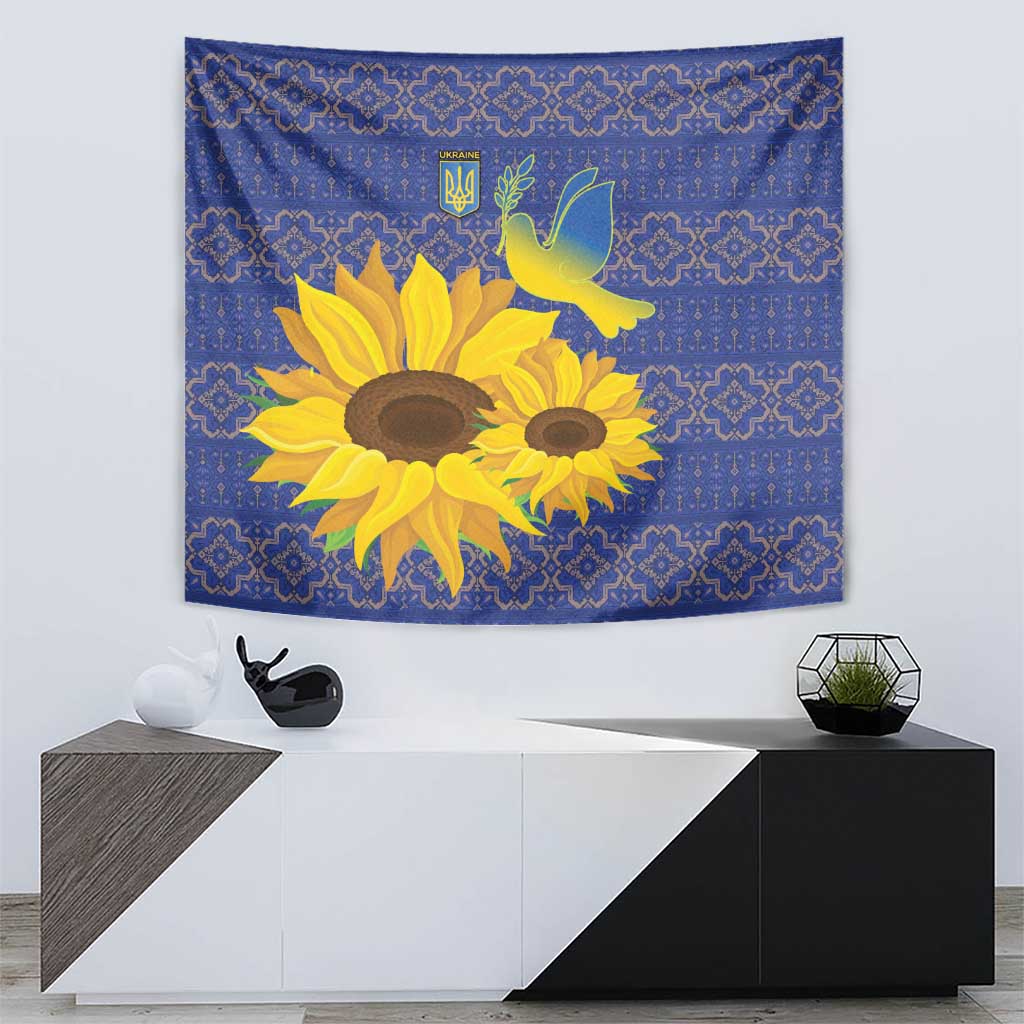 Blue tapestry with yellow sunflowers, white-and-gold dove, and folk geometric patterns