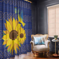 Blue sunflower window curtains with dove and folk pattern, hung in living room